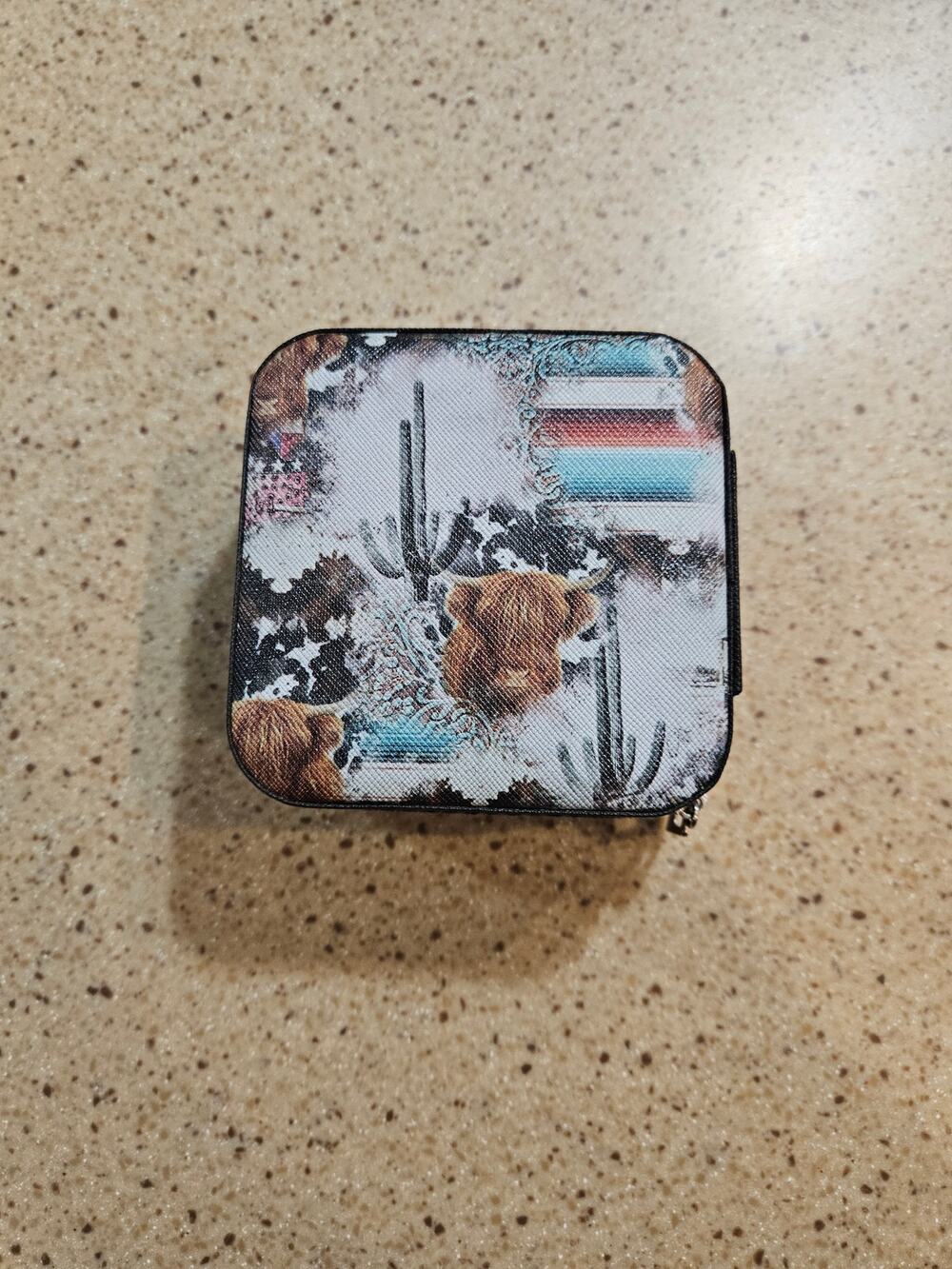 Western Highland Cow Travel Jewelry Case Cactus Serape Print